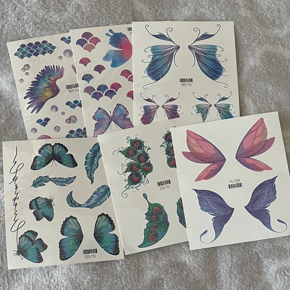 Colorful Butterfly and Feather Temporary Tattoos